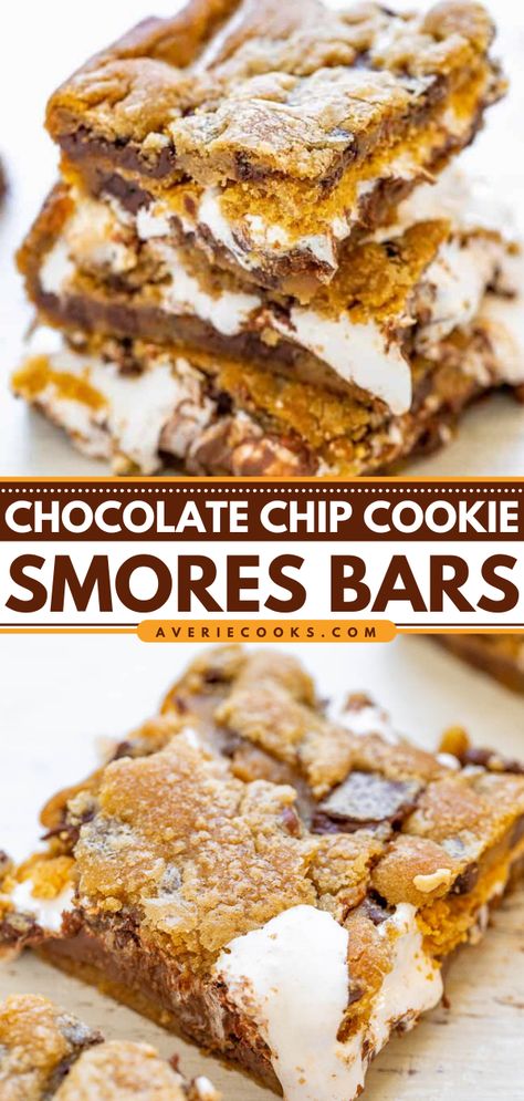 Chocolate Chip S'mores Cookie Bars (So Gooey!) - Averie Cooks Corrigan Sisters, Soft Chocolate Chip Cookie, Smores Cookies Bars, Smores Bars, Easy Smores, Desserts With Chocolate Chips, Golden Grahams, Smores Dessert, Graham Cracker Cookies