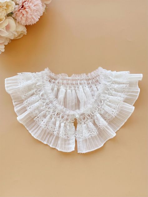 White    Polyester Plain Neck Ruffle Collar Embellished   Women Accessories Handmade Closet, Neck Ruffle Collar, Pink Tea Party, Fancy Collar, Victorian Collar, False Collar, Frill Collar, Beaded Collar Necklace, Fake Collar