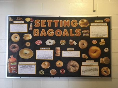 Reused my bagel theme from last year - setting goals bulletin board. This actually won an OTM award Bulletin Board of the Month for January 2018! peer mentor, ra, res life, reslife, residential life, bulletin boards, resident advisor, resident assistant, residential life, residence life, umass amherst Goal Setting Ra Bulletin Board, Awards Bulletin Board Ideas, Ra Bulletin Boards Diversity, Ra Roommate Bulletin Board, January Resident Event Ideas, January Ra Bulletin Boards, Resident Advisor Bulletin Boards, Bulletin Boards For January, Resident Advisor Ideas