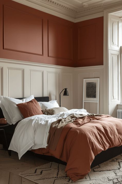 Terracotta Feature Wall Bedroom, Bedroom Clay Color, Terracotta Accent Wall, Bedroom Terracotta, Terracotta Interior Design, Dark Bedroom Decor, Terracotta Bedroom, Interiors 2023, Modern Grey Bedroom