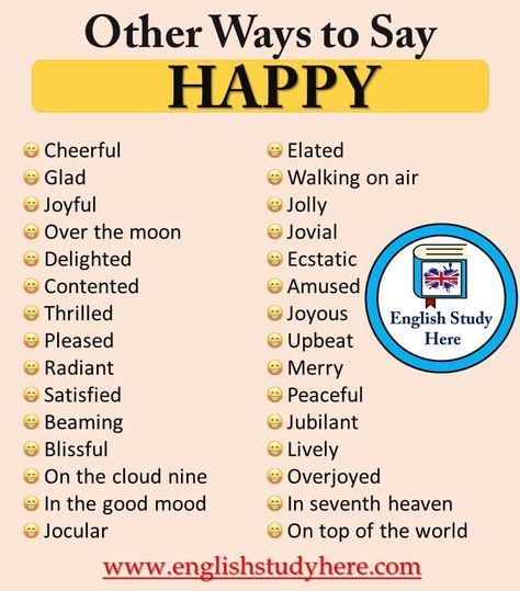 Other Ways to Say HAPPY in English – English Study Here Other Words For Happy, Words For Happy, Verb Phrases, Words For Said, Tatabahasa Inggeris, Other Ways To Say, Essay Writing Skills, Conversational English, English Vocab