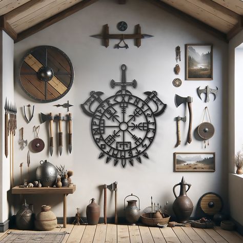 "🔨🌊 Channel the spirit of the Vikings with this captivating metal wall art featuring the powerful Vegvísir symbol. ⚓️🌀 Inspired by ancient Norse compasses, this Viking-themed art piece serves as a beacon of guidance and protection. 🛡️🚀 Crafted with meticulous attention to detail, the Vegvísir design is intricately etched into durable metal, creating a striking and enduring statement for your home. 🏡🎨 Embrace the rich heritage of the Vikings and add a touch of Norse mythology to your space Viking Living Room Decor, Viking Wall Decor, Viking House Design, Norse Home Decor, Viking Home Interior, Viking Bedroom Aesthetic, Viking Room Decor, Viking Home Aesthetic, Nordic Art Vikings