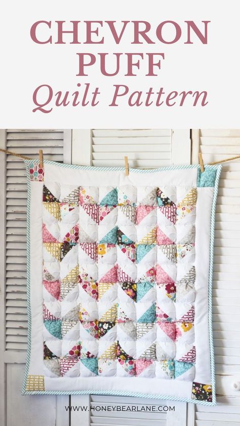 Transform your living space into a gallery with a Chevron Puff Quilt. This unique pattern is both fun and artistically stimulating. This quilt was made using the Riley Blake “Unforgettable” fabric that I also used in my Pinwheel pillow.  It’s one of my favorite collections ever. Riley Blake Quilt Patterns, Puff Quilt Pattern, Riley Blake Quilt, Puff Quilt, Beginner Quilt Patterns, Easy Quilt Patterns, Quilting Tips, Diy Knitting, Easy Quilts