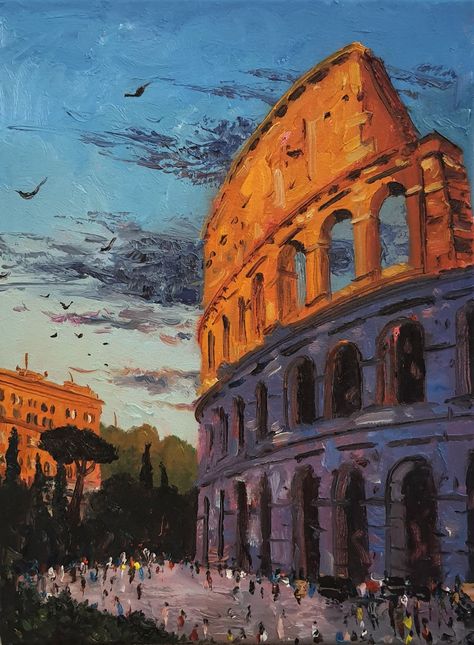 Painting Clouds Acrylic, Clouds Acrylic, Design Trends 2022, Rome Painting, Whimsical Art Journal, Building Painting, Italy Landscape, Italy Painting, The Colosseum