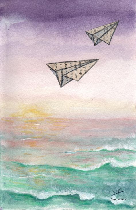 Paper Plane Aesthetic, Paper Airplane Aesthetic, Paper Plane Art, Paper Plane Drawing, Zen Watercolor, Mars Painting, Plane Drawing, Plane Art, Journey Art