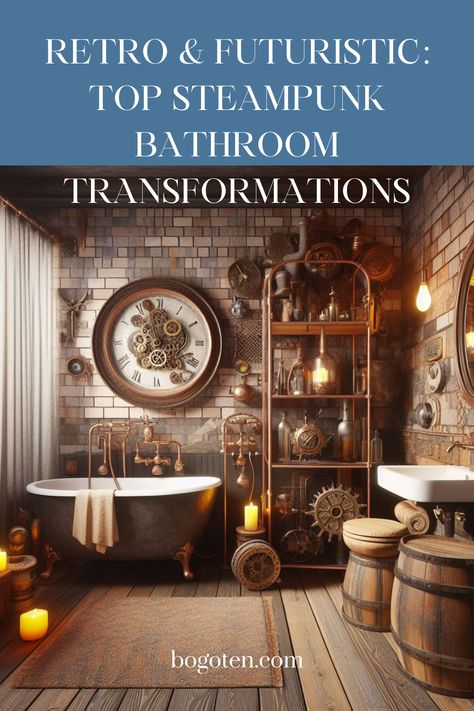 Immerse in a world where vintage charm meets industrial grit! Our curated list of Steampunk bathroom ideas is your ticket to transforming your ordinary bathroom into a whimsical Victorian-era haven. With a dash of mechanical magic, see how these unique designs redefine everyday spaces. Dive in now and fuel your imagination for your next remodeling project! Steampunk Bathroom Ideas, Retro Bathroom Ideas Vintage, Steam Punk Bathroom, Steampunk House Interiors, Steampunk Bathroom Decor, My Mechanical Romance, Steampunk Library, Steampunk Boy, Industrial Bathroom Ideas