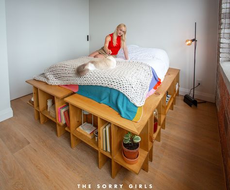 Hey everyone, Rach here! I just moved into my dream loft apartment, and I’m so excited to share my first DIY project with you all. I took a basic IKEA Neiden bed frame and transformed it into a beautiful platform storage bed with shelves. Read on to see how I built it! Ikea Loft Bed Hack, Ikea Loft Bed, The Sorry Girls, Ikea Bed, Bed Shelves, Tiny Bedroom, Loft Apartment, Storage Bed, Ikea Hack