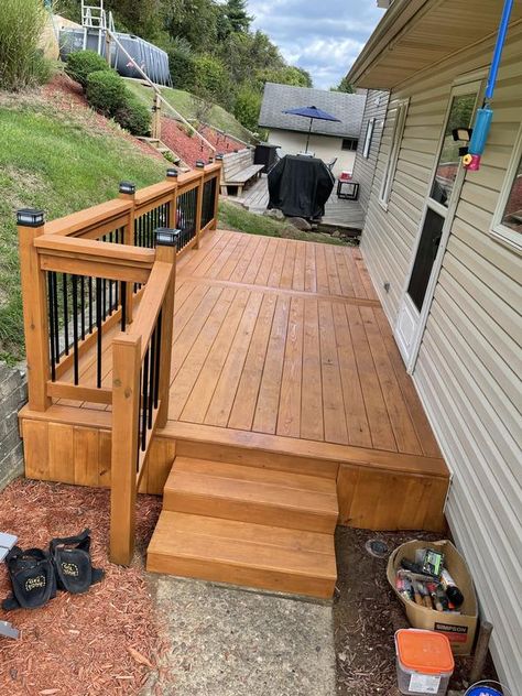 Cabot New Cedar Stain, Medium Brown Deck Stain, Cabot Semi Transparent Stain Colors, Deck Stain Colors With Red Brick House, Light Deck Stain, Front Porch Stain Colors, Semi Solid Deck Stain, Porch Stain Colors Wood, Cabot Deck Stain Colors