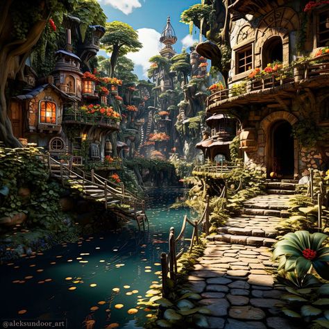 Jungle Village Art, Rainforest Village Concept Art, Fantasy Jungle Village, Rainforest City Fantasy Art, Fantasy Jungle Aesthetic, Fantasy Tropical City, Jungle City Fantasy Art, Fantasy Jungle City, Fantasy Jungle Art