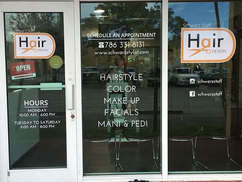 Hair Salon Store Front Graphics Hair Salon Front Window, Salon Store Front Ideas Window, Hair Salon Exterior Store Fronts, Salon Store Front Ideas, Hair Salon Window Display Ideas, Salon Exterior Ideas Store Fronts, Salon Signs Ideas, Hair Salon Window Display, Hair Salon Exterior