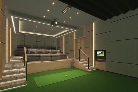 How to Design a Custom Golf Simulator Home Theater Home Theater Golf Simulator, Golf Simulator Room Design Dimensions, Golf Simulator Movie Room, Golf Simulator Theater Room, In Home Golf Simulator, Golf Simulator Room Man Caves, Home Golf Simulator Room, Golf Simulator Basement, Golf Simulator Room Design