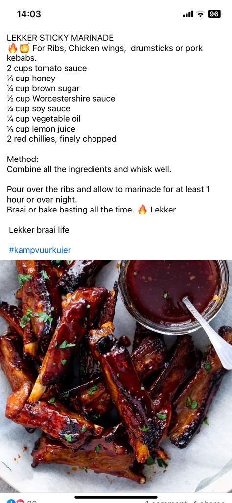 Rib Marinade, Pork Kebabs, Afrikaanse Resepte, Chocolate Biscuit Cake, Homemade Sauce Recipes, Biscuit Cake, South African Recipes, Homemade Sauce, African Food