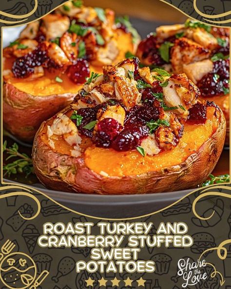 Yummy Food | Each sweet potato is generously stuffed with seasoned turkey and topped with a homemade cranberry sauce, creating a satisfying and visually appealing ... | Facebook Roast Turkey And Cranberry Stuffed Sweet Potatoes, Roast Turkey And Cranberry Stuffed Sweet Potato, Turkey Stuffed Sweet Potato, Roasted Meals, Seasoned Turkey, Turkey And Cranberry, Luscious Recipes, Glazed Turkey, Turkey Sweet Potato