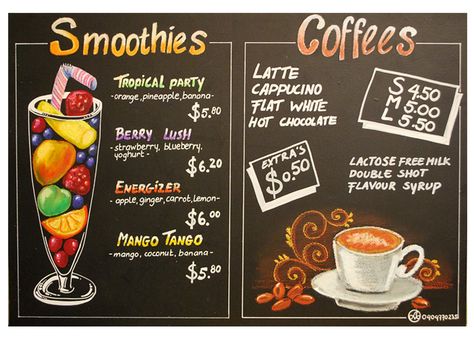 Smoothie Chalkboard Art, Black Board Menu Design, Cafe Menu Board Design, Blackboard Quotes, Coffee Shop Menu Board, Cafe Board, Cafe Menu Boards, Cafe Chalkboard, Coffee Posters