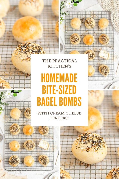 homemade bite sized bagel bombs stuffed with cream cheese Cream Cheese Stuffed Bagel Bites, Stuffed Bagel Balls, Bagel Bombshell, Plain Bagel Recipe, Cream Cheese Stuffed Bagels, Easy Bagels Recipe Homemade, Homemade Bagel Bites, Asiago Bagels, Stuffed Bagel Bites