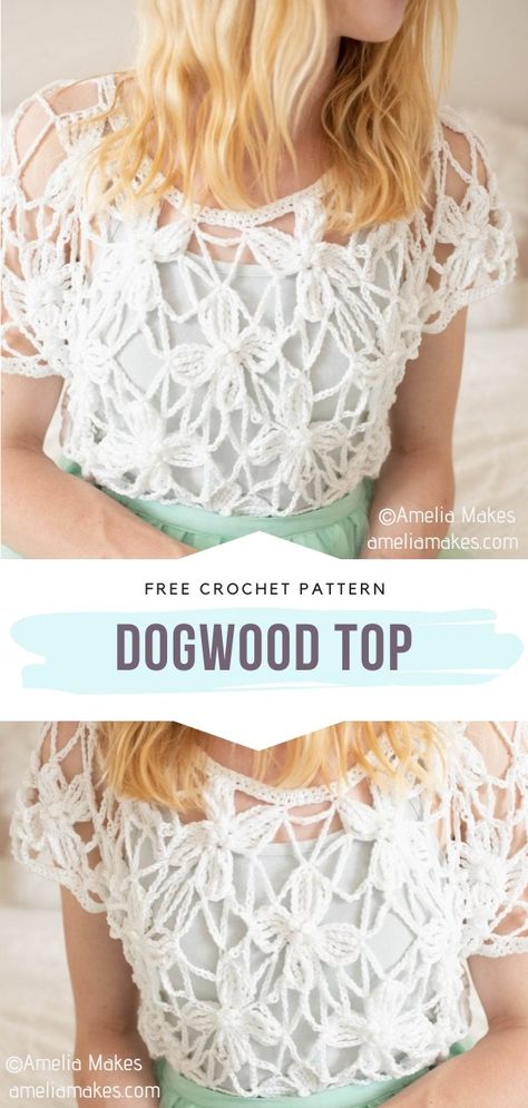 Crochet Lacy Summer Tops Free Patterns, Crochet Lace Blouse Pattern, Lacy Sweater Crochet Pattern, Crochet Dogwood Flower Free Pattern, Crochet Lace Flower Motif, Free Crochet Lace Top Patterns, Flower Crochet Top Pattern Free, Free Crochet Pattern Summer Top, Crochet Lace Clothes