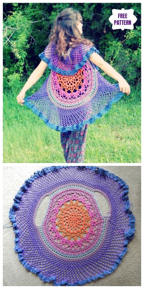 Crochet Lotus Mandala Circular Vest Free Crochet Pattern Crochet Circle Vest, Gilet Crochet, شال كروشيه, Crochet Kids, Lotus Mandala, Crochet Vest Pattern, Crochet Mandala Pattern, Crochet Gratis, Stil Boho