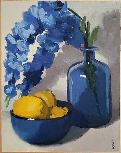 Contemporary impressionist still life oil painting of blue flowers in a blue glass vase and a bowl of lemons against a tan background. Great home decor for kitchens, living rooms and guest rooms. Happy summer themed gift for Mother's Day, anniversaries or housewarming. Still Life Vase Painting, Blue Vase Painting, Blue Flower Oil Painting, Still Lives Painting, Contemporary Still Life Painting, Blue Glass Vase Decor, Still Life Painting Ideas, Easy Still Life Painting, Oil Painting Easy