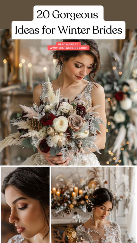 A stunning winter bride in an elegant dress holding a seasonal bouquet, surrounded by cozy decor and a stunning winter wonderland venue. Simple Winter Wedding Ideas, Mexican Winter Wedding Ideas, Winter Wedding Bride Hair, Winter Floral Arrangements Wedding, Winter Wedding Dress Bride, Winter Solstice Wedding Ideas, Barn Winter Wedding, Winter Woods Wedding, Early December Wedding