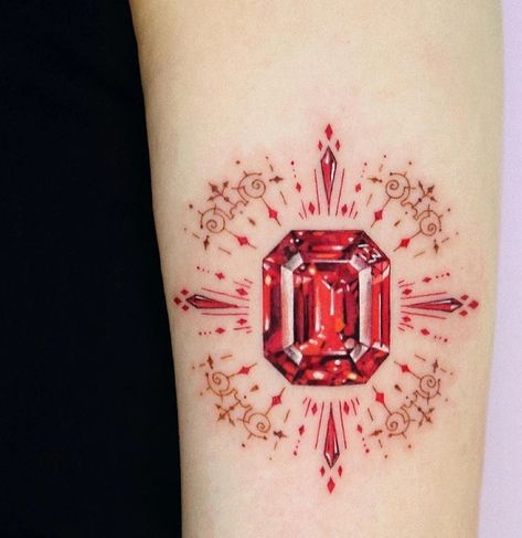 Ruby Tattoo, Jewelry Tattoo Designs, All Seeing Eye Tattoo, Stone Tattoo, Gem Tattoo, Bright Tattoos, Jewel Tattoo, Becoming A Tattoo Artist, Crystal Tattoo