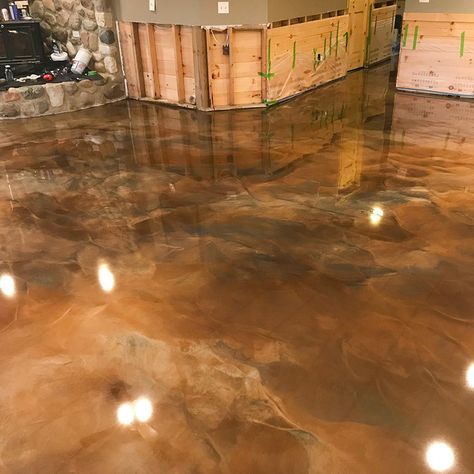 Rustic Epoxy Floor, Copper Epoxy Floor, Metallic Epoxy Floor Colors, Metallic Epoxy Floor Basement, Brown Epoxy Floor, Concrete Epoxy Floors, Indoor Concrete Floor Ideas, Epoxy Floors In Home, Entryway Remodel