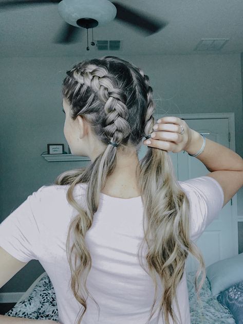 Dutch Ponytail Braid, Plaits Into Pigtails, 2 French Braids Into Ponytail Hairstyles, Dutch Braid To Pigtails, Dutch Braids To Ponytail, Dutch Braid With Ponytail, Dutch Braided Pigtails, Dutch Braid Into Pigtails, Pigtail Dutch Braids