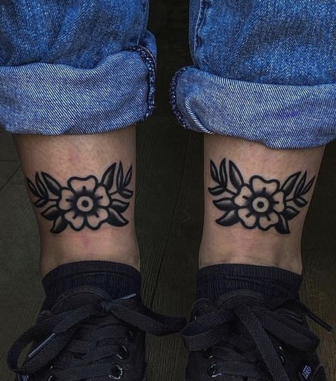 Small Traditional Flower Tattoo, Old School Knee Tattoo, Traditional Ankle Tattoo, Traditional Shin Tattoo, American Trad Flower, Elbow Crease Tattoo, Traditional Folk Tattoo, American Traditional Leg Sleeve, American Trad Tattoo