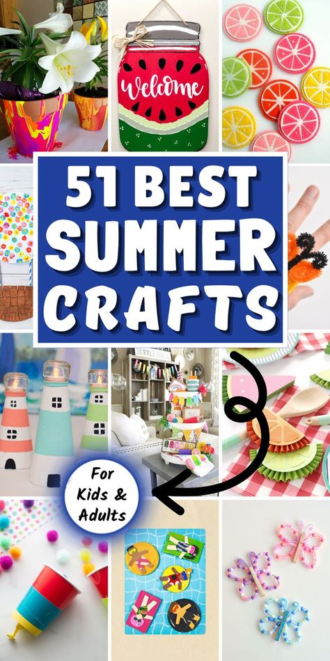 Looking for fun and creative summer craft ideas? Check out our collection of DIY summer crafts perfect for the season! These summer crafts are perfect for kids and adults both. Get your kids involved with our easy-to-follow summer crafts for kids featuring seashell crafts, sunflower crafts, watermelon crafts, and more! And for adults try our flip-flop crafts, pool noodle crafts, lemon crafts, or mason jar crafts. And don’t forget to add a touch of tropical flair with our pineapple crafts. Summer Craft Ideas, Noodle Crafts, Pineapple Crafts, Spring Arts And Crafts, Watermelon Crafts, Flip Flop Craft, Girls Night Crafts, Pool Noodle Crafts, Lemon Crafts