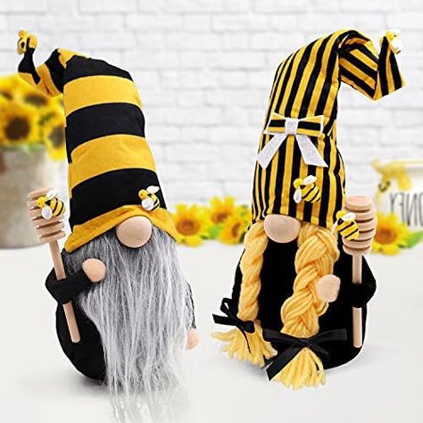 AmazonSmile: Bumble Bee Striped Gnome Scandinavian Tomte Nisse Swedish Honey Bee Elf Home Farmhouse Kitchen Decor Bee Shelf Sitter Tiered Tray Display, Set of 2 : Home & Kitchen Elf Home, Braided Beard, Striped Hat, Gnome Gift, Scandinavian Gnomes, Tray Display, Gnomes Crafts, Kitchen Themes, Bee Theme