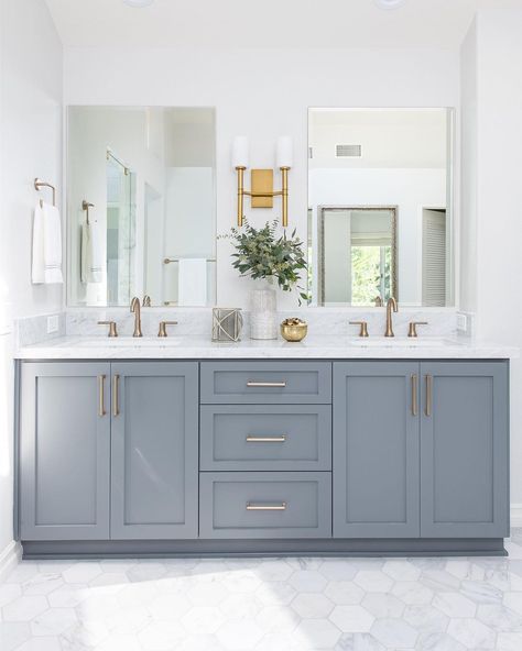 Master Bath Remodel With Vanity, Gray Blue Bathroom Vanity, Gray Blue Vanity, Master Bath Gray Cabinets, Grey Marble Vanity Bathroom, Grey Blue Vanity Bathroom, Bathroom Color Vanity, Kraft Maid Bathroom Vanity, Bathroom Vanity Off Center Sink