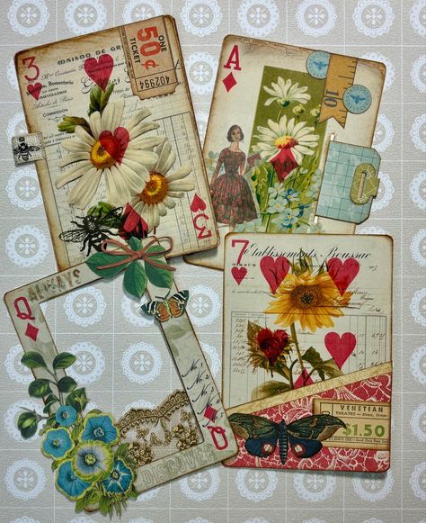 Junk journal fun in my newest video! Large altered playing cards. I share 4 different versions which can also be applied to ATCs, cards and layouts. YouTube link in bio. #junkjournals #alteredplayingcards #harmonioushodgepodge #everydayelements @myporchprints @49andmarket Altered Trading Cards, Altered Index Cards, Mixed Media Cards Ideas, Journal Cards Ideas, Altered Playing Cards Ideas, Inchies Cards, Vintage Scrapbook Ideas, Atc Cards Ideas, Junk Journal Ideas Inspiration