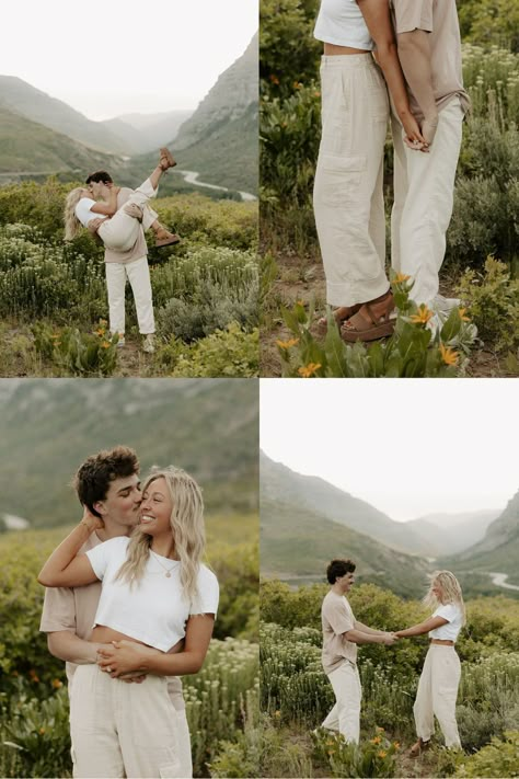 Spring Romantic Engagement Photos Inspo | Couples Photoshoot Inspo | Destination Photographer | This candid couple had a spring engagement with romantic moments and candid engagement photos! Discover engagement session poses, romantic engagement outfit ideas, spring couples photoshoot, and engagement photo poses! Book Lauren for your adventure engagement session or intimate couples photoshoot at itslaurennovak.com! Engagement Photos Boho Outfit, Field Photoshoot Outfits Couple, Casual Save The Date Outfits, Bright And Airy Couples Photography, Sweatpants Engagement Pictures, Bright Airy Engagement Photos, Inspo Engagement Photos, Couple Outfit For Photoshoot, Linen Engagement Photos