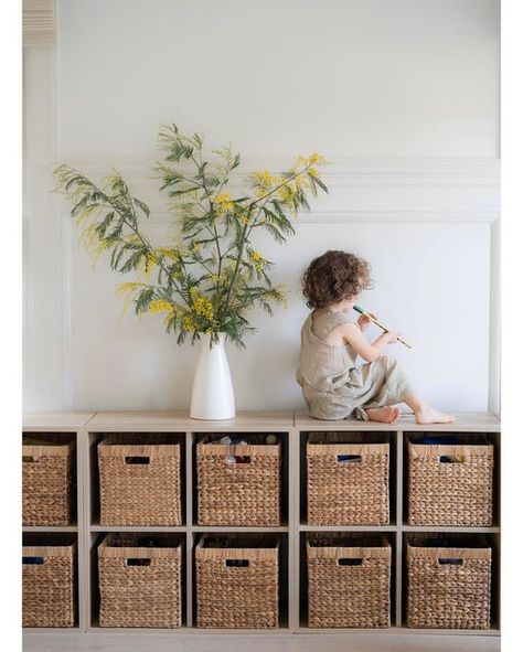 Modern Toy Storage Bedroom, Contemporary Toy Storage, Farmhouse Playroom Storage, Dining Room Toy Storage, Ikea Storage Playroom, Toy Storage Aesthetic, Pretty Toy Storage, Kids Toy Storage Living Room, Aesthetic Toy Storage Living Room