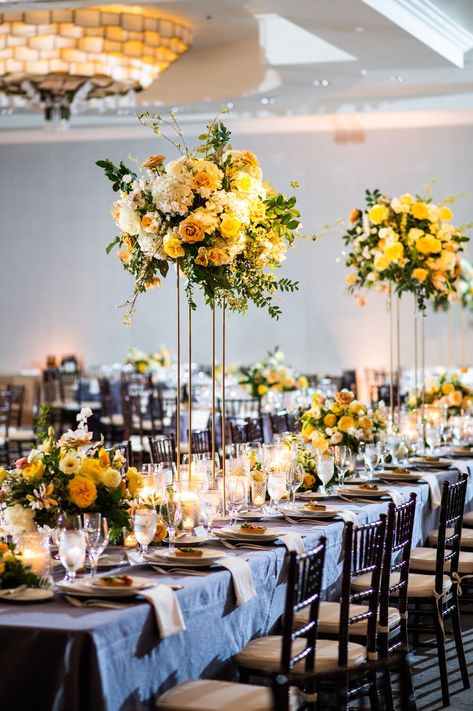 Yellow Wedding Decorations, Yellow Wedding Theme, Tall Wedding Centerpieces, Lovely Sunday, Yellow Wedding Flowers, Modern Floral Design, Floral Installations, Emerald Green Weddings, Wedding Backdrop Design