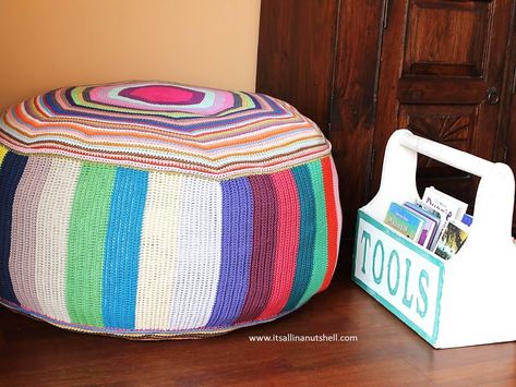 Pouf of Many Colors – Free Crochet Pattern – It's all in a Nutshell Crochet Bean Bag, Crochet Floor Cushion, Crochet Pouf, Patterned Chair, Yarn For Sale, All Free Crochet, Yarn Tail, Bag Chair, Online Pattern