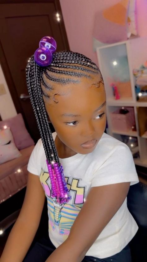 Girls Braided Ponytail Hairstyles Black, Little Black Girls Braided Hairstyles For Kids Ponytail, Little White Girl Braid Styles Ponytail, Girl Braids Hairstyles Kids Black Little Ponytail, Kids Feed In Ponytail, Braided Ponytails For Black Kids, Kids Braided Hairstyles Ponytail, Kids Braided Ponytail With Beads, Side Ponytail Hairstyles For Kids