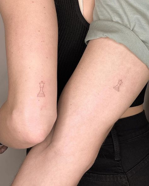 King Queen Chess Tattoo, Chess Matching Tattoo, Simple Chess Tattoo, Queen Of Chess Tattoo, I Am King Tattoo, Chess Tattoo Minimalist, Tattoo Chess Piece, Queen And King Chess Piece Tattoo, Small Chess Piece Tattoo