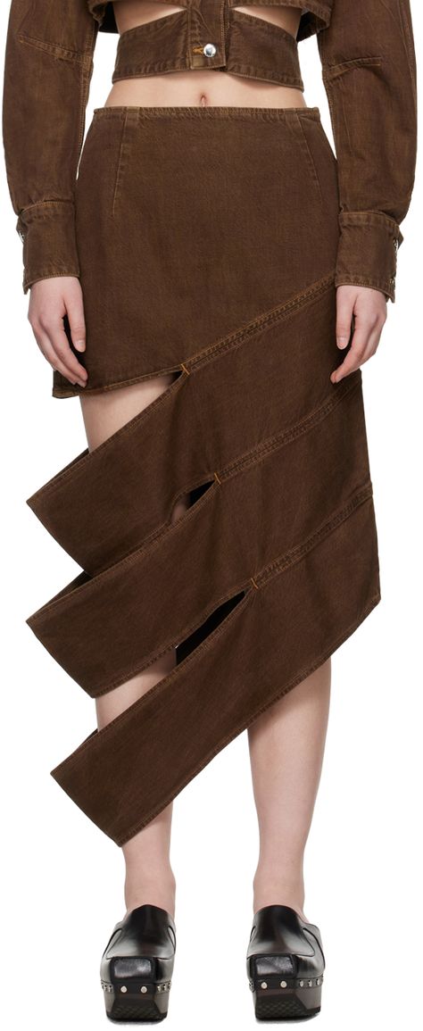 Lightweight overdyed non-stretch denim skirt. Fading, twisted seams, and cutouts throughout. · High-rise · Asymmetric hem · Concealed zip closure at side seam · Logo-engraved silver-tone hardware · Contrast stitching in tan Supplier color: Tobacco Evil Clothes, Structural Fashion, Handkerchief Skirt, Stretch Denim Skirt, Workwear Brands, Eckhaus Latta, Denim Midi Skirt, Modern Fashion, Asymmetric Hem