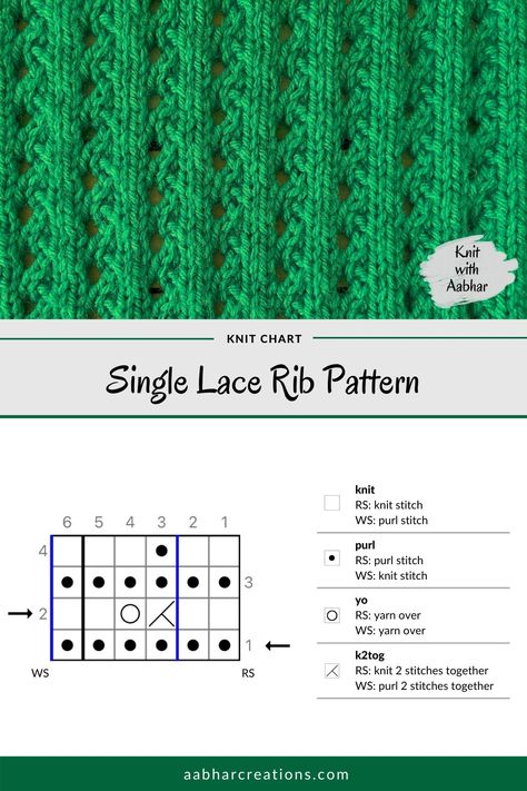 Single Lace Rib Stitch Pattern is a beautiful and delicate pattern that makes the regular rib stitch much more fancy and pretty! #aabharcreations #knitwithaabhar #learntoknit #knittingpattern #freepattern #stitchchart #laceknitting Knit Stitch Patterns Texture, Cable Stitch Knit, Rib Stitch Knitting, Knitted Washcloth Patterns, Lace Knitting Stitches, Crochet Necklace Pattern, Design Kitchen Ideas, Knitted Washcloths, Knitting Patterns Free Scarf