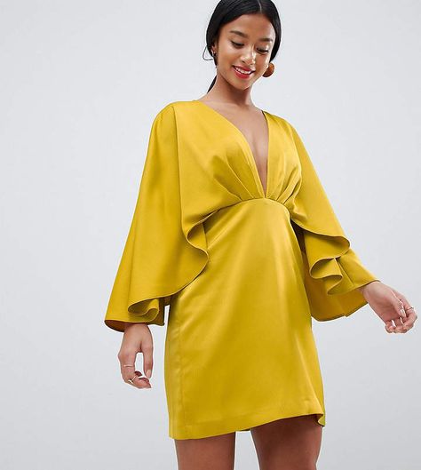 ASOS Petite ASOS DESIGN Petite satin cape kimono sleeve deep plunge mini dress #ad Kimono Dress Diy, Short Yellow Dress, Robe Diy, Dress With Kimono, Kimono Sleeve Dress, Plunging Neck Dress, Classy Wear, Plunge Mini Dress, Dress Illustration