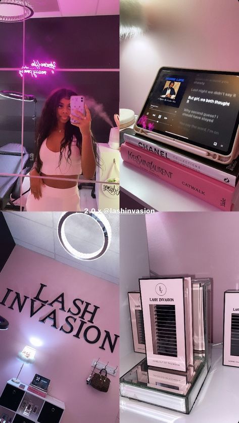 Vision Board Lashes, Small Lash Room Set Up At Home, Lash Business Vision Board, Lash Booth Ideas, Lash Boss Aesthetic, Lash Tech Organization Ideas, Lash Tech Goals, Pink And Black Lash Room, Lash Tech Lifestyle