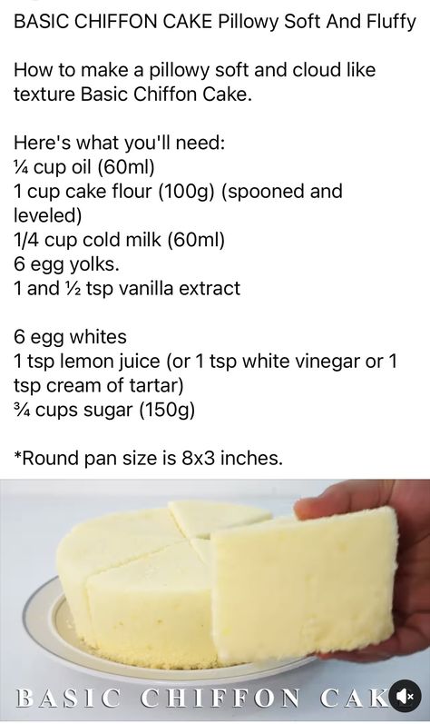 Korean Sponge Cake Recipe, Sponge Cake Recipe, Sponge Cakes, Sponge Cake Recipes, Pan Sizes, Chiffon Cake, Cream Of Tartar, Cake Flour, White Vinegar