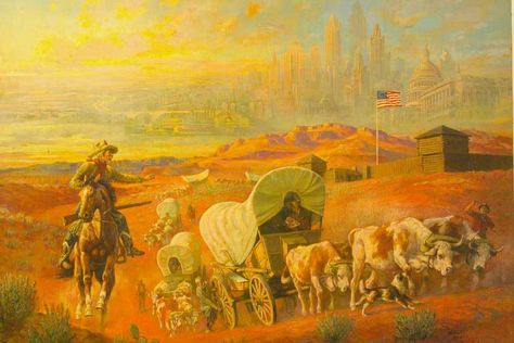 "Manifest Destiny" oil on canvas, beautifully framed is a masterpiece of historic art by Walter Haskell Hinton. Contact us for information. Manifest Destiny Art, American Pioneers, Destiny Art, Westward Expansion, Historic Art, Manifest Destiny, Oregon Trail, Leg Sleeve, Us History