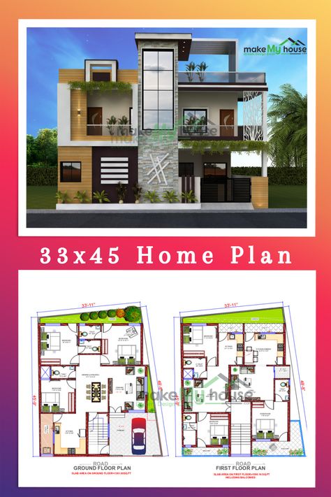 33x45 Home Plan East Facing Plot having built-up area - 1485 SqFT with Modern Exterior Design for Duplex House. Banglow Design, House Floorplan, Building Design Plan, Autocad Tutorial, 3d Elevation, Indian House Plans, Little House Plans, Affordable House Plans, 3d House Plans