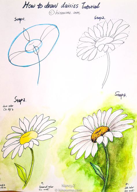 How to draw a watercolor daisy flower tutorial step by step easy for beginner Daisy Flower Tutorial Drawing, Flower Drawing Beginner, Draw A Daisy Step By Step, Daisies Flower Drawing, Flower Techniques Painting, Flower Drawing Techniques, Watercolour Daisy Simple, Daisy Flower Drawing Step By Step, Daisy Drawings Simple