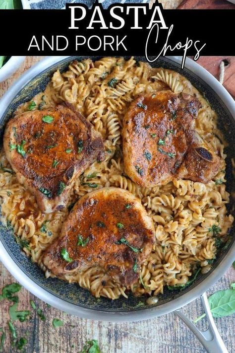 This pasta and pork chops recipe is a hearty, delicious meal that satisfies the whole family. Tender, juicy, seasoned pork chops cooked in the air fryer until golden, then they're paired with gluten free fusilli in a rich, creamy sauce loaded with spinach, parmesan cheese, and spices for an easy weeknight meal. Pork Chops And Pasta Dinners, Pork Chop And Noodle Recipes, Pasta With Pork Chops, Pork Chops And Noodles Recipes, Pasta And Pork Recipes, Pork Chop Pasta Recipes, Gluten Free Pork Chop Recipes, Pork Pasta Recipes, Porkchops Dinner Ideas Easy Recipes