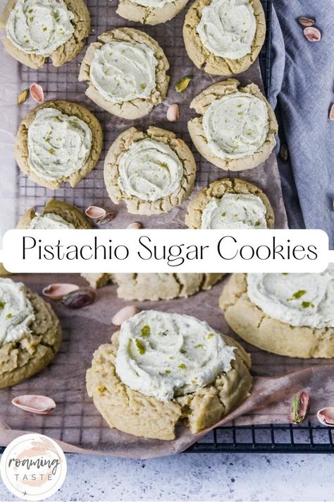 A cooling rack with pistachio sugar cookies all laid out and one close up of the soft cookie and the buttercream on top Pistachio Pinwheel Cookies, Pistachio Drop Cookies, Pistachio Sandwich Cookies, Pistachio Paste Cookies, Pistachio Sugar Cookies, Pistachio Cream Cookies, Pistachio Buttercream, Pistachio Pie, Pistachio Pudding Cookies