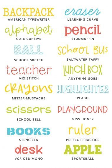 Canva Fonts For School, Canva School Fonts, Back To School Shirt Ideas, Canva Fonts For Teachers, Bulletin Board Fonts, Back To School Cricut Ideas, Free School Fonts, Circuit Joy, Beginner Cricut