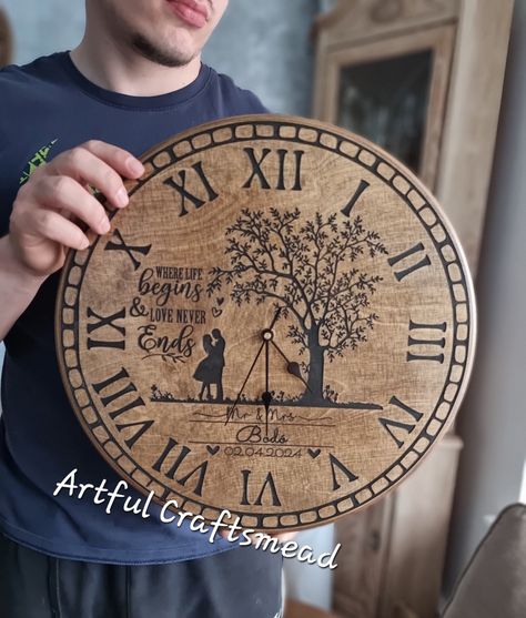 🕰️ **Personalized Wooden Wall Clock - A Thoughtful Gift for Special Occasions 🕰️ Are you searching for a unique and heartfelt gift to celebrate a wedding, anniversary, or a new home? Look no further! Our **custom-made wooden wall clock** is the perfect choice. 🌟 **Product Details - **Diameter Approximately 38 cm (15 inches) - **Thickness Approximately 2 cm (0.8 inches) - **Material High-quality birch plywood - **Design Features     - **Back Design Precision-cut recesses for the clock mechanis Pyrography Clock, Wedding Pyrography, Engraved Clock, Personalized Wall Clock, Plywood Design, Cricut Designs, Wooden Wall Clock, Clock Mechanism, Clock Face