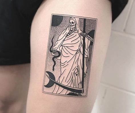 White Grim Reaper tattoo on the left thigh Grim Reaper Tattoo Designs, Reaper Tattoo Designs, Places To Get Tattoos, The Trend Spotter, Grim Reaper Tattoo, Reaper Tattoo, Desenho Tattoo, Dark Tattoo, Time Tattoos